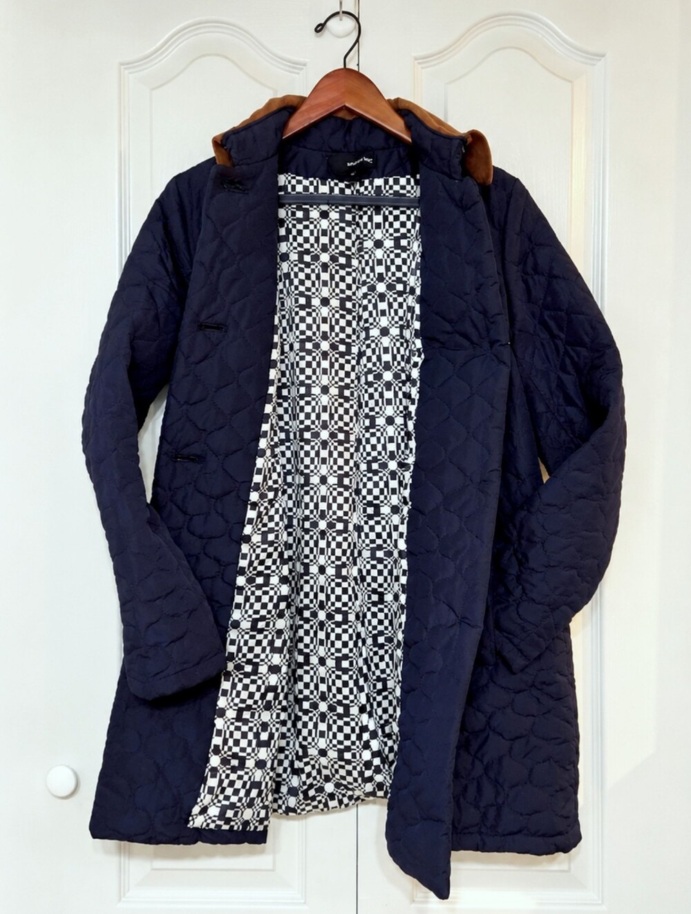 Mycra Pac Womens Medium Car Coat Navy Blue USA Scroll Quilted Lightweight Travel